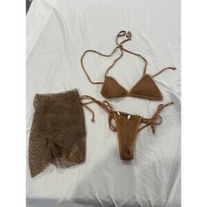 Brown Mesh like string thong bikini with matching sarong